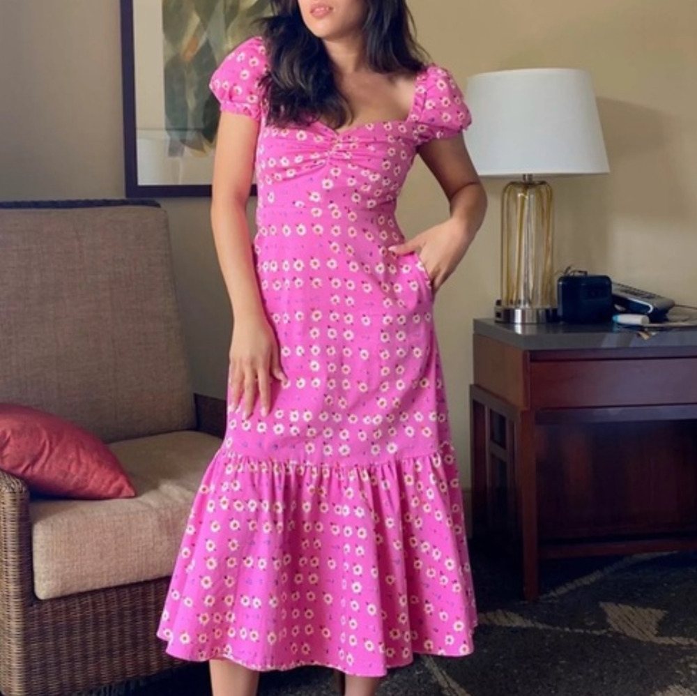 Autumn Adeigbo Pink Peasant Dress SIZE 8 Daisy Cotton Cottage USA Designer $525